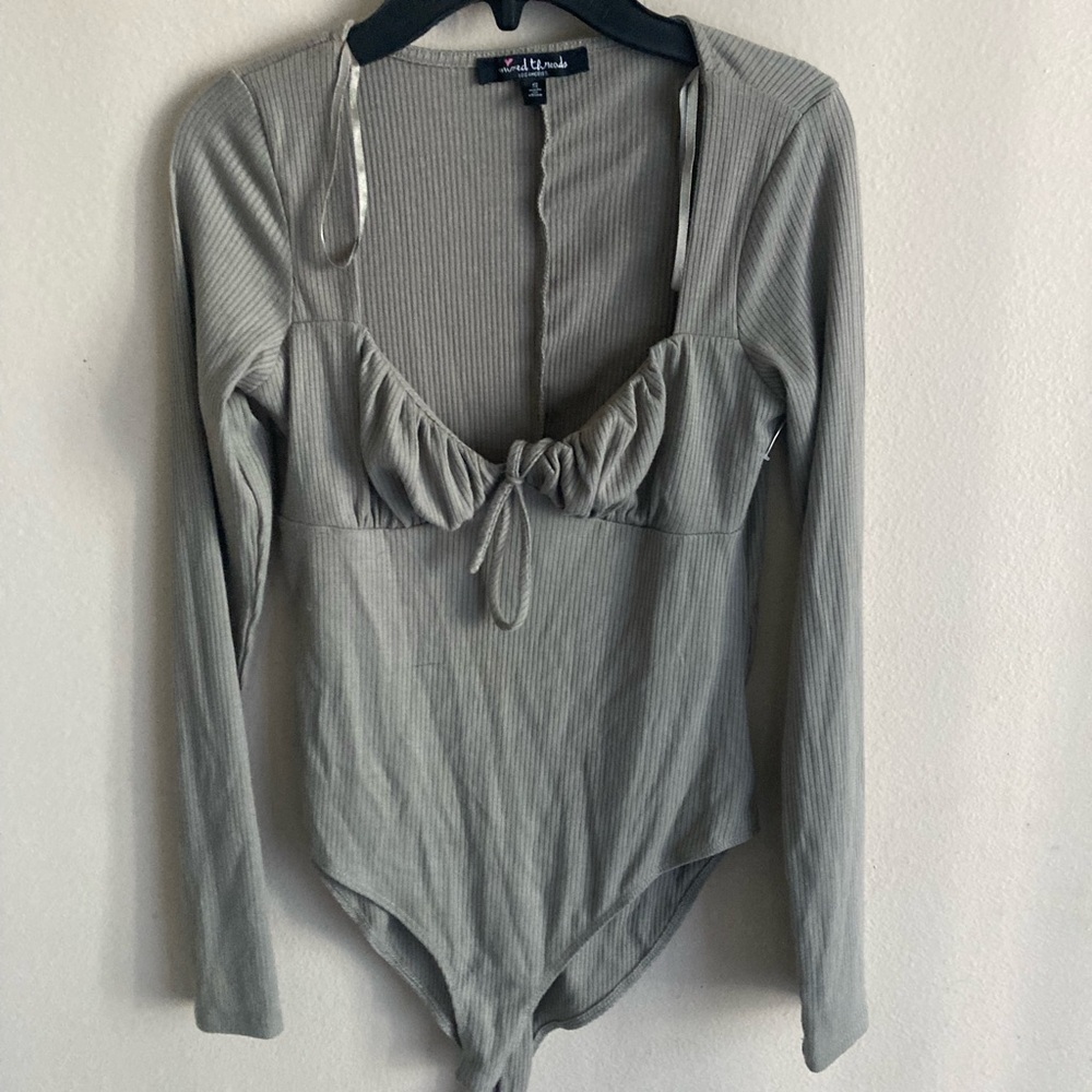 Gray Long-Sleeve Tie Front Bodysuit